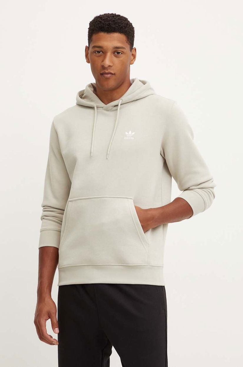 adidas Originals bluza Trefoil Essentials Hoody barbati, culoarea bej, cu glugă, cu imprimeu, IR7785