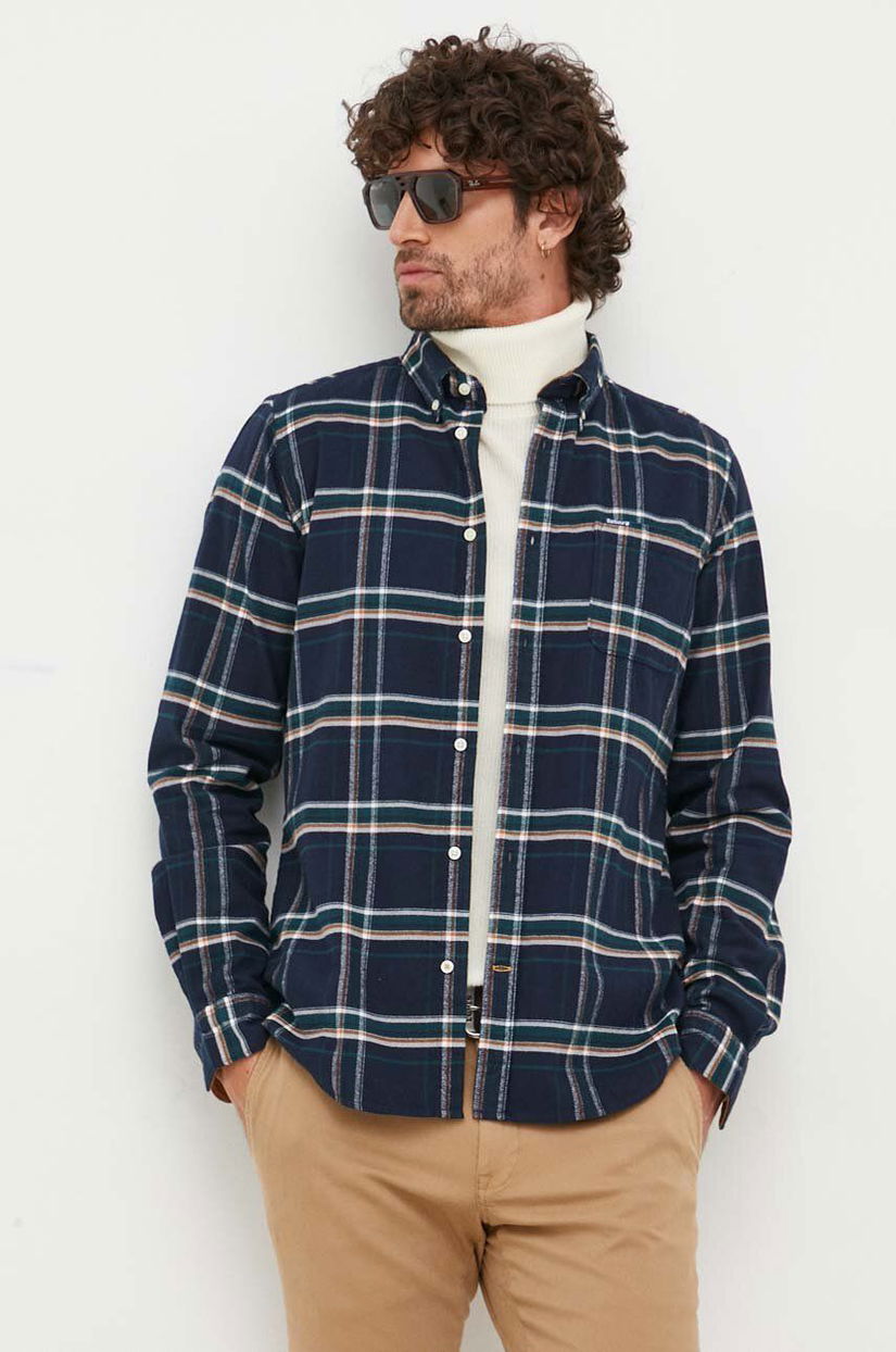 Barbour camasa din bumbac barbati, culoarea albastru marin, cu guler button-down, slim