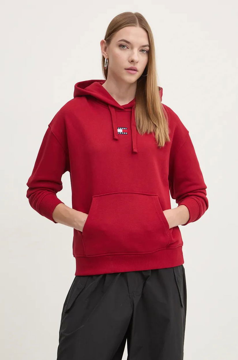 Tommy Jeans hanorac de bumbac femei, culoarea bordo, cu glugă, cu imprimeu, DW0DW17326