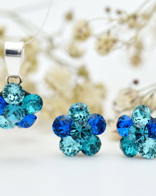 Set Swarosvki Mini Floricele Chaton Flower Blue  Argint 925