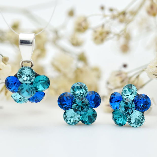 Set Swarosvki Mini Floricele Chaton Flower Blue  Argint 925