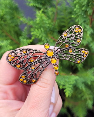 Broșă vintage AMBER DRAGONFLY