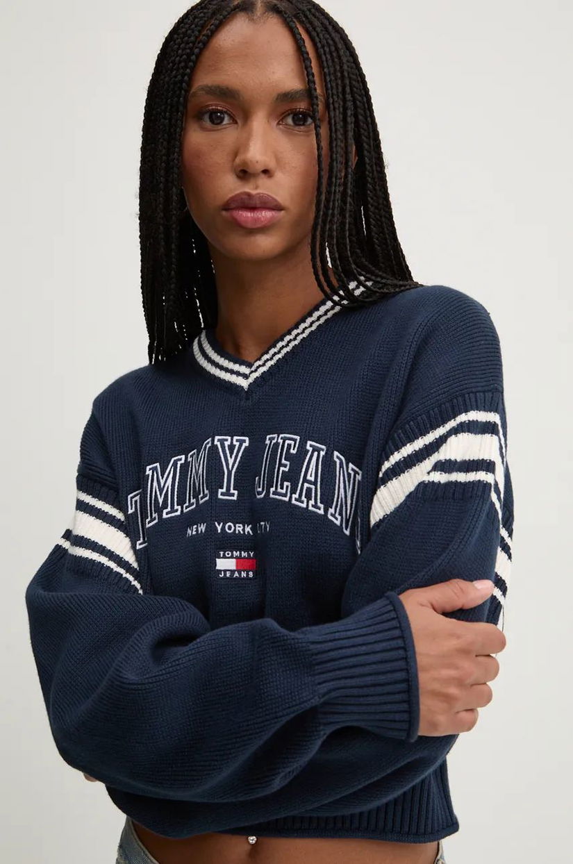 Tommy Jeans pulover de bumbac culoarea albastru marin, călduros, DW0DW18692