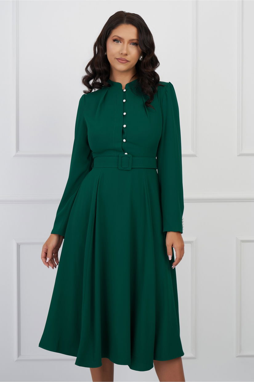 Rochie DY Fashion verde cu nasturi perlati si curea in talie