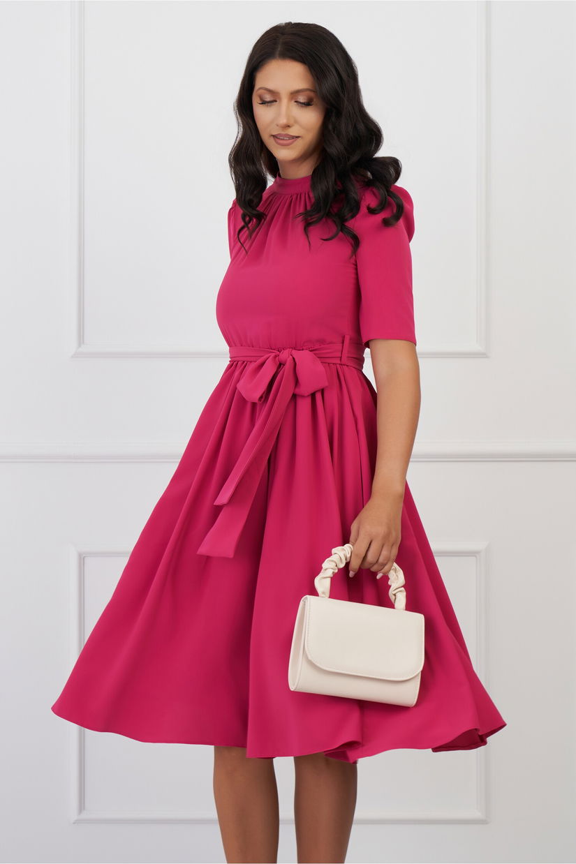 Rochie Dy Fashion fucsia cu pliuri la bust si cordon in talie