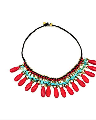 Colier boho rosu turcoaz, 2847