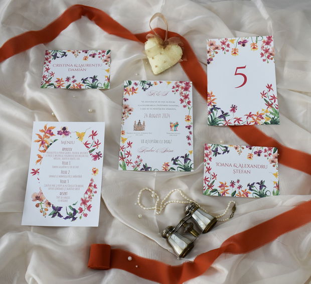 Invitatii nunta handmade - Meniu, Numar Masa, Nume Invitati Nunta Orhidee