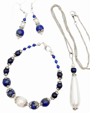 Set bijuterii cu lapis lazuli, perle si agate, 4019