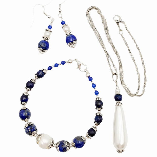 Set bijuterii cu lapis lazuli, perle si agate, 4019