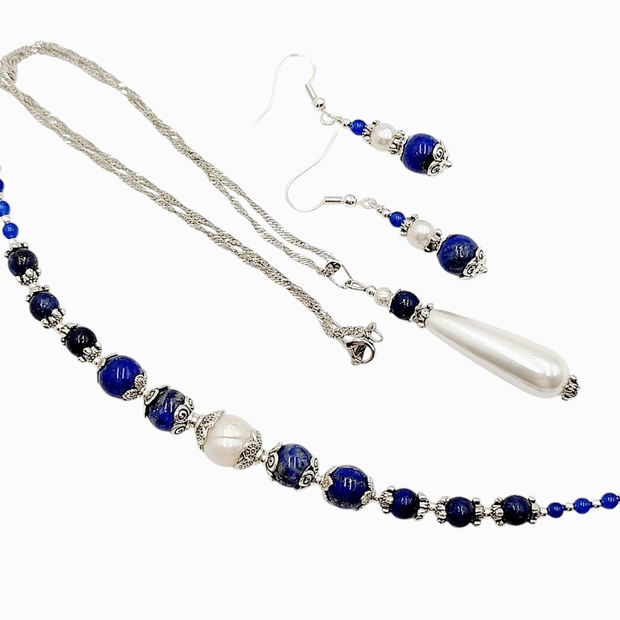 Set bijuterii cu lapis lazuli, perle si agate, 4019