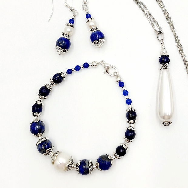 Set bijuterii cu lapis lazuli, perle si agate, 4019