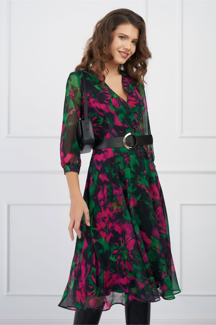 Rochie Eliada verde cu imprimeu fucsia si curea in talie