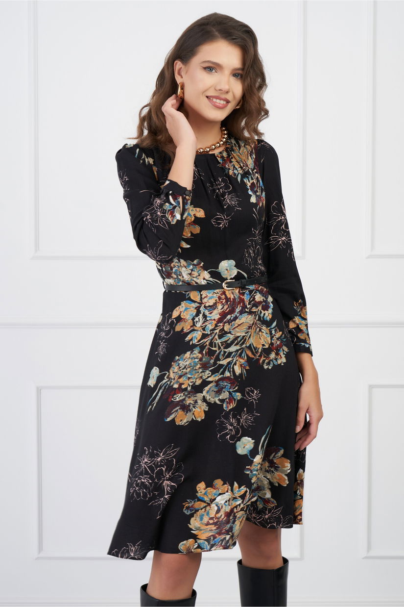 Rochie Miruna neagra cu imprimeuri florale bej si curea in talie