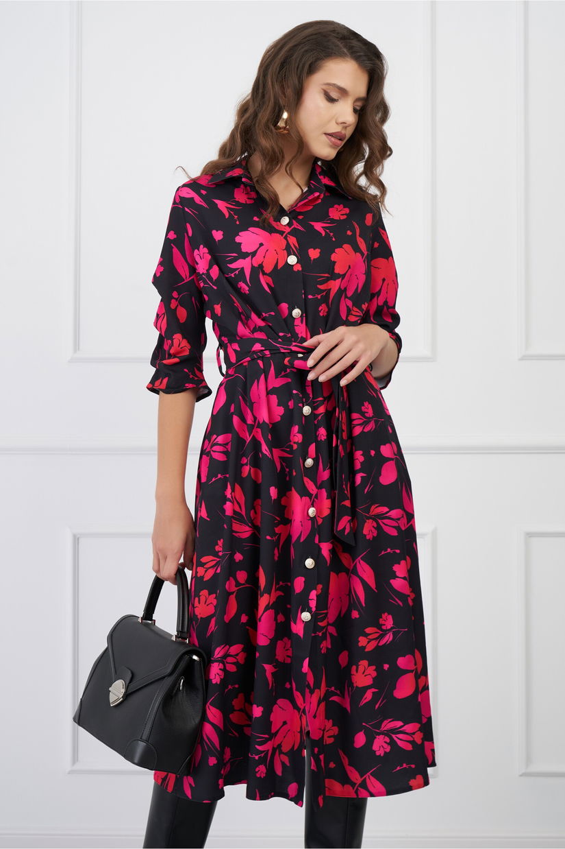 Rochie Bella neagra cu flori fucsia si cordon in talie