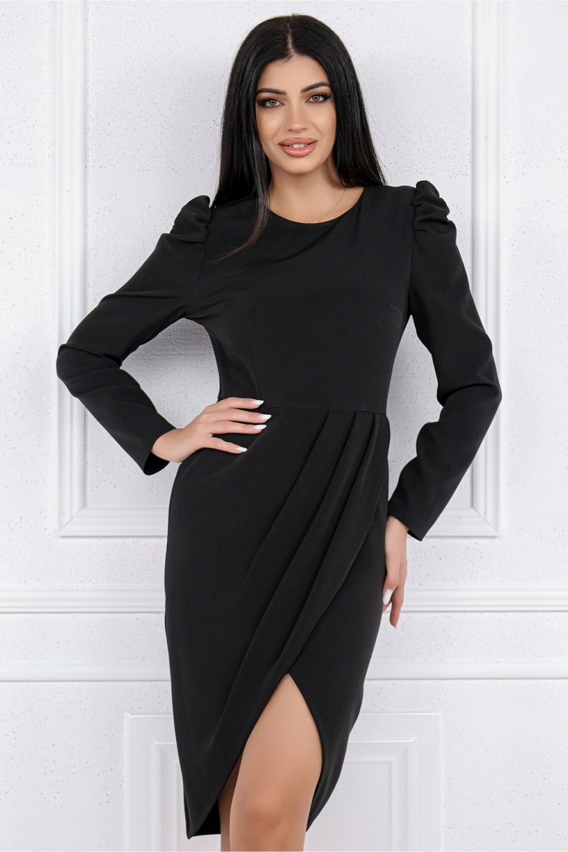 Rochie MGB neagra cu pliuri pe fusta si la umeri