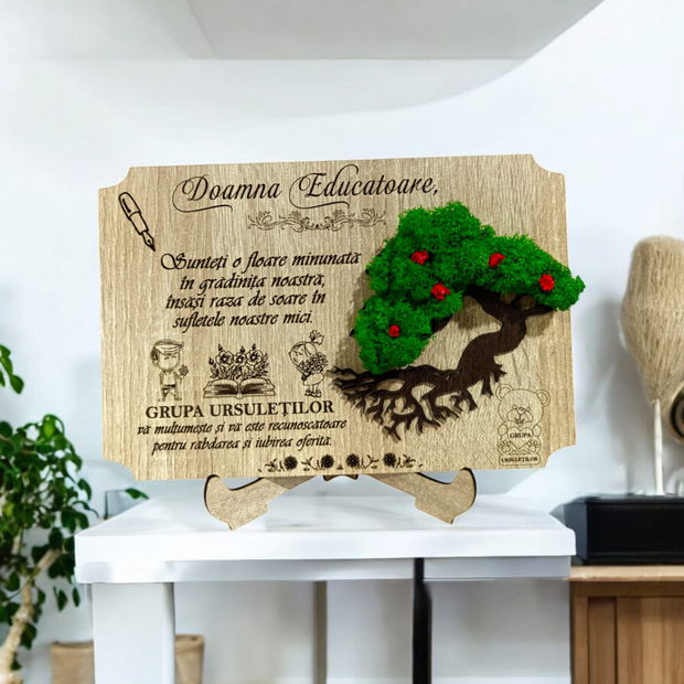 Tablou bonsai cu licheni stabilizati, personalizat cu mesaj standard pentru educatoare