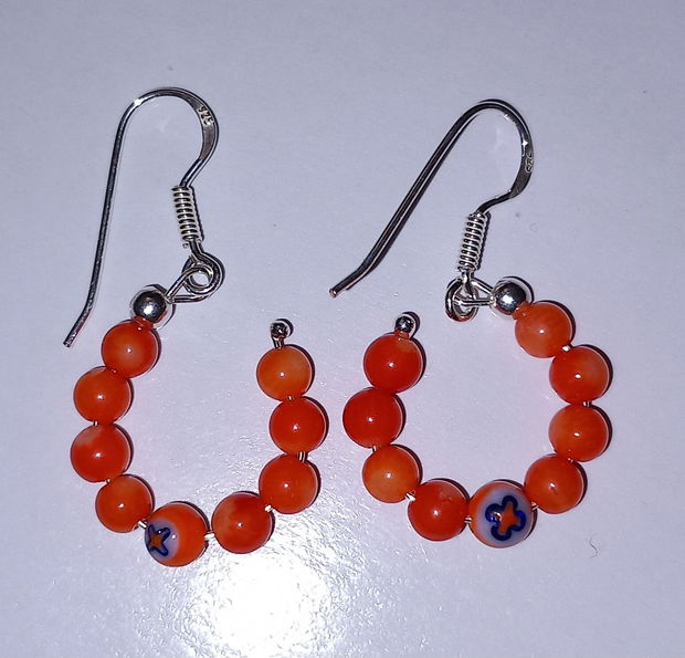 Cercei handmade coral, millefiori si argint