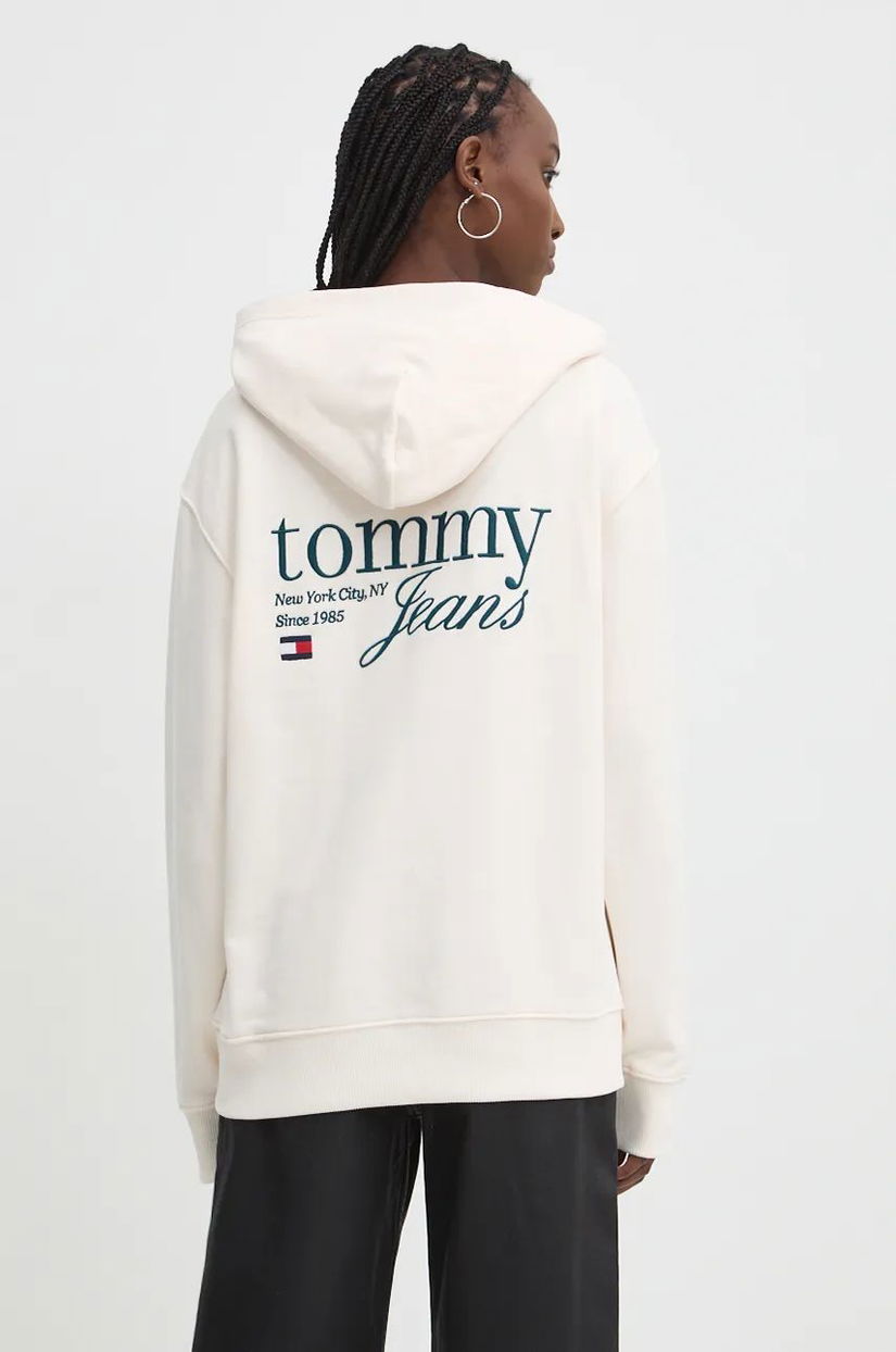 Tommy Jeans hanorac de bumbac femei, culoarea bej, cu glugă, cu imprimeu, DW0DW18760