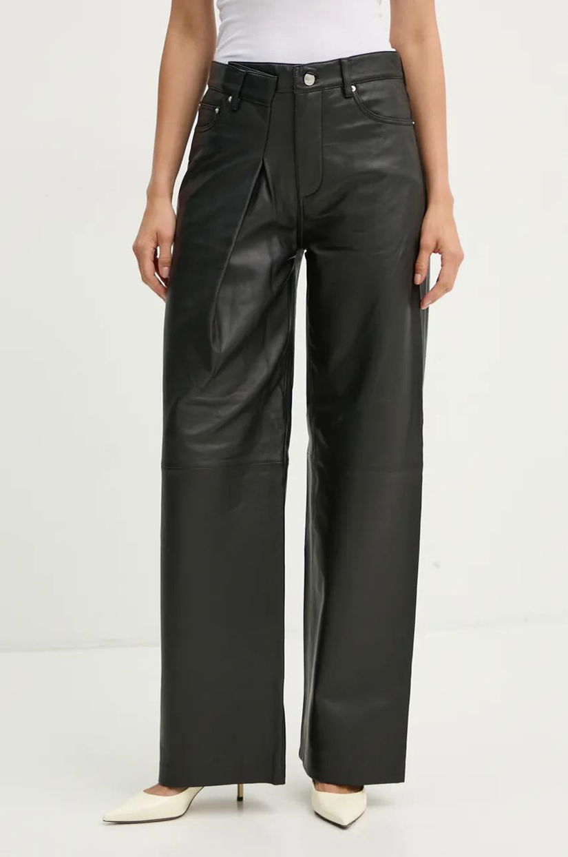 Won Hundred pantaloni de piele femei, culoarea negru, lat, high waist, 3158-16014