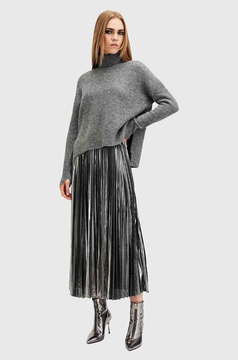 AllSaints rochie si pulover SPARK DRESS culoarea gri, midi, evazati, W082DB