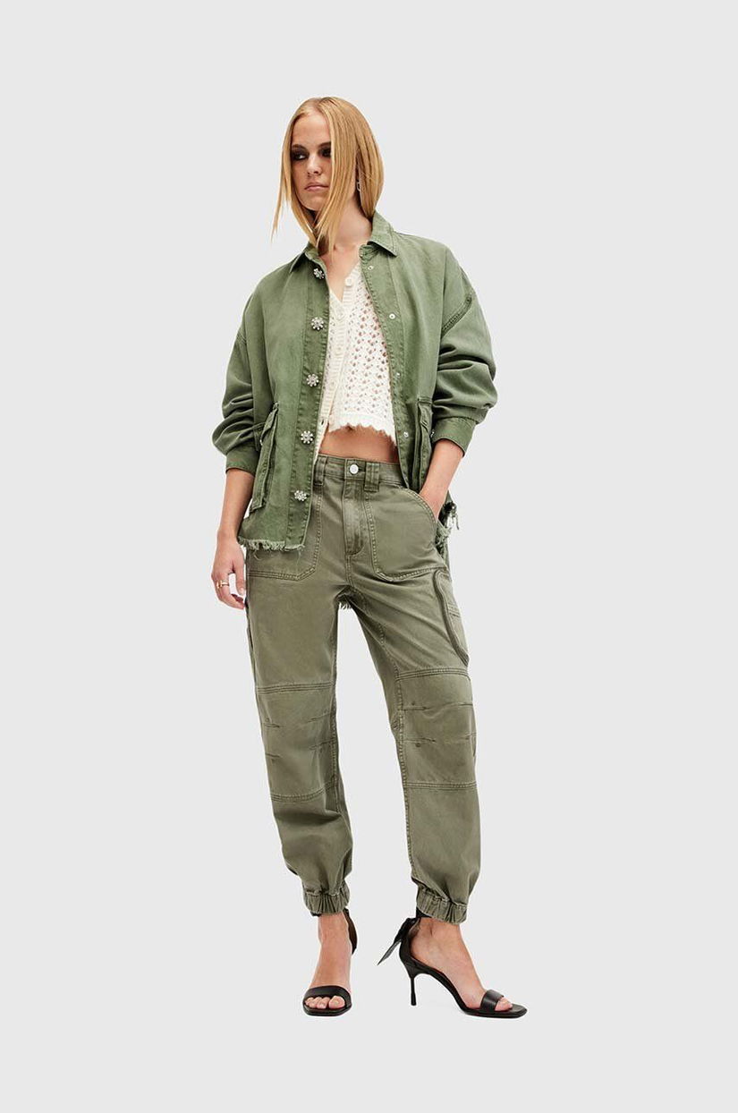 AllSaints pantaloni de bumbac FLORENCE JOGGER culoarea verde, fason cargo, medium waist, W017TB