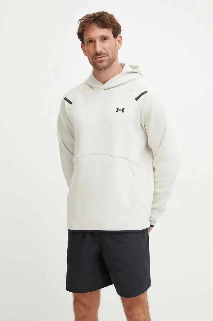 Under Armour bluza Unstoppable Fleece barbati, culoarea bej, cu glugă, cu imprimeu, 1389350