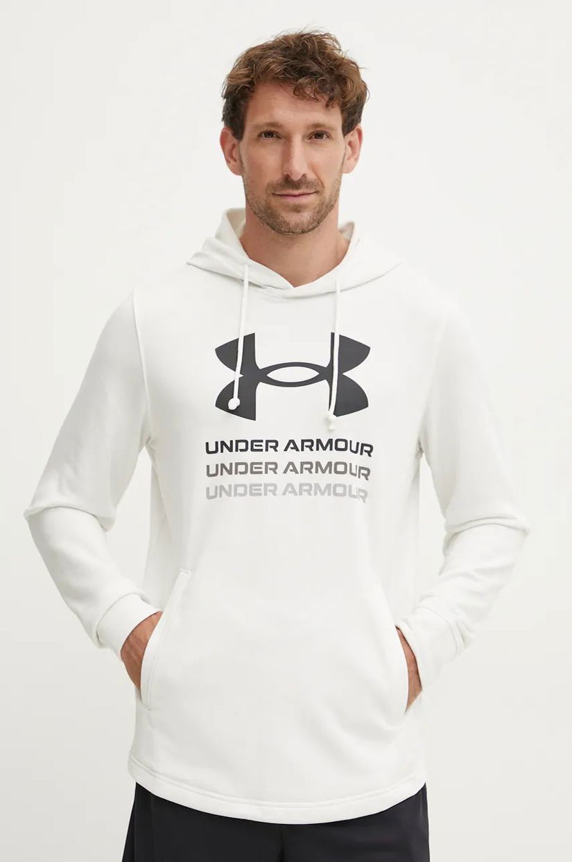 Under Armour hanorac de antrenament Rival culoarea alb, cu glugă, cu imprimeu, 1386047