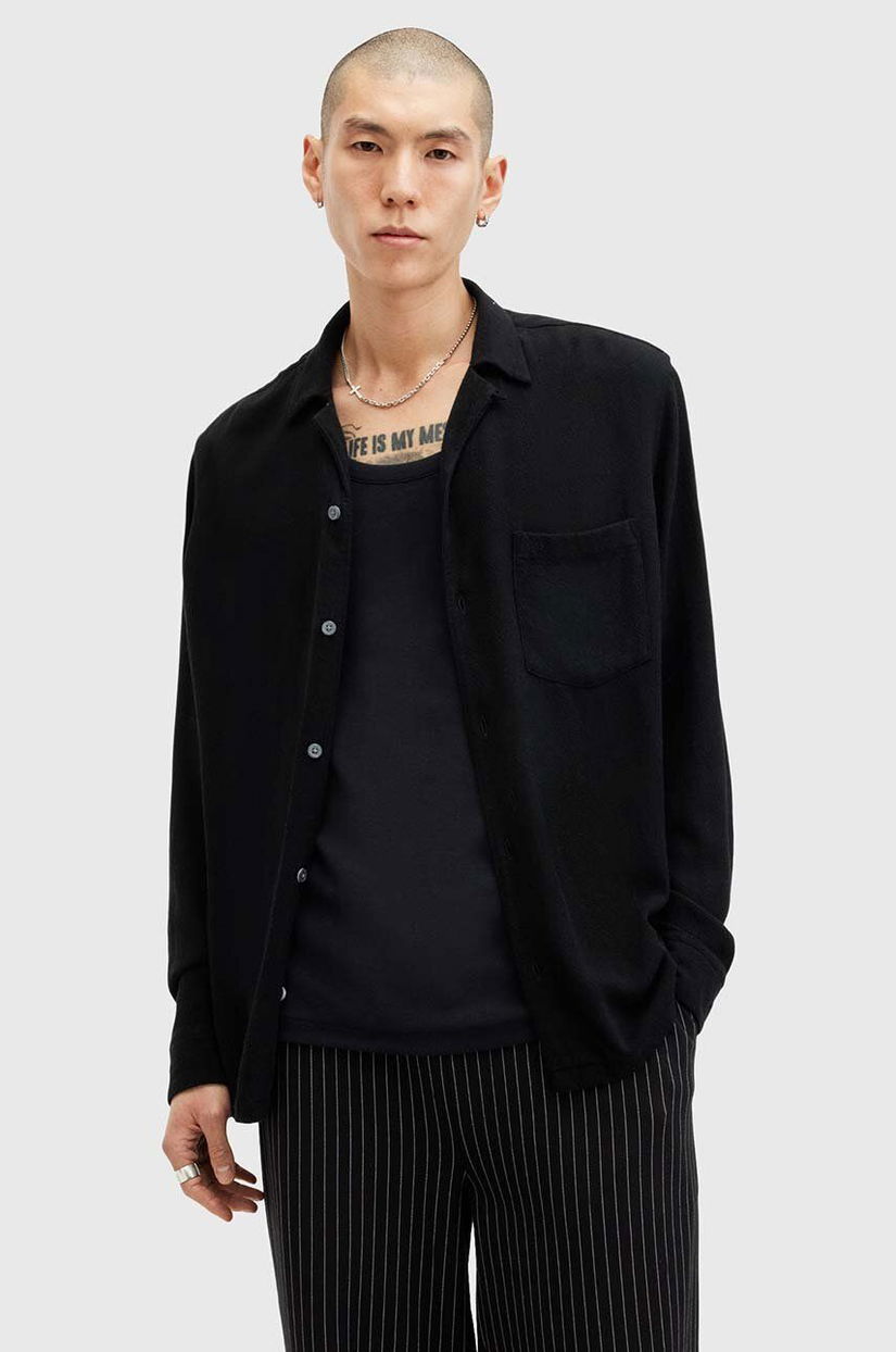 AllSaints camasa din amestec de in CUDI LS SHIRT culoarea negru, relaxed, M074SB