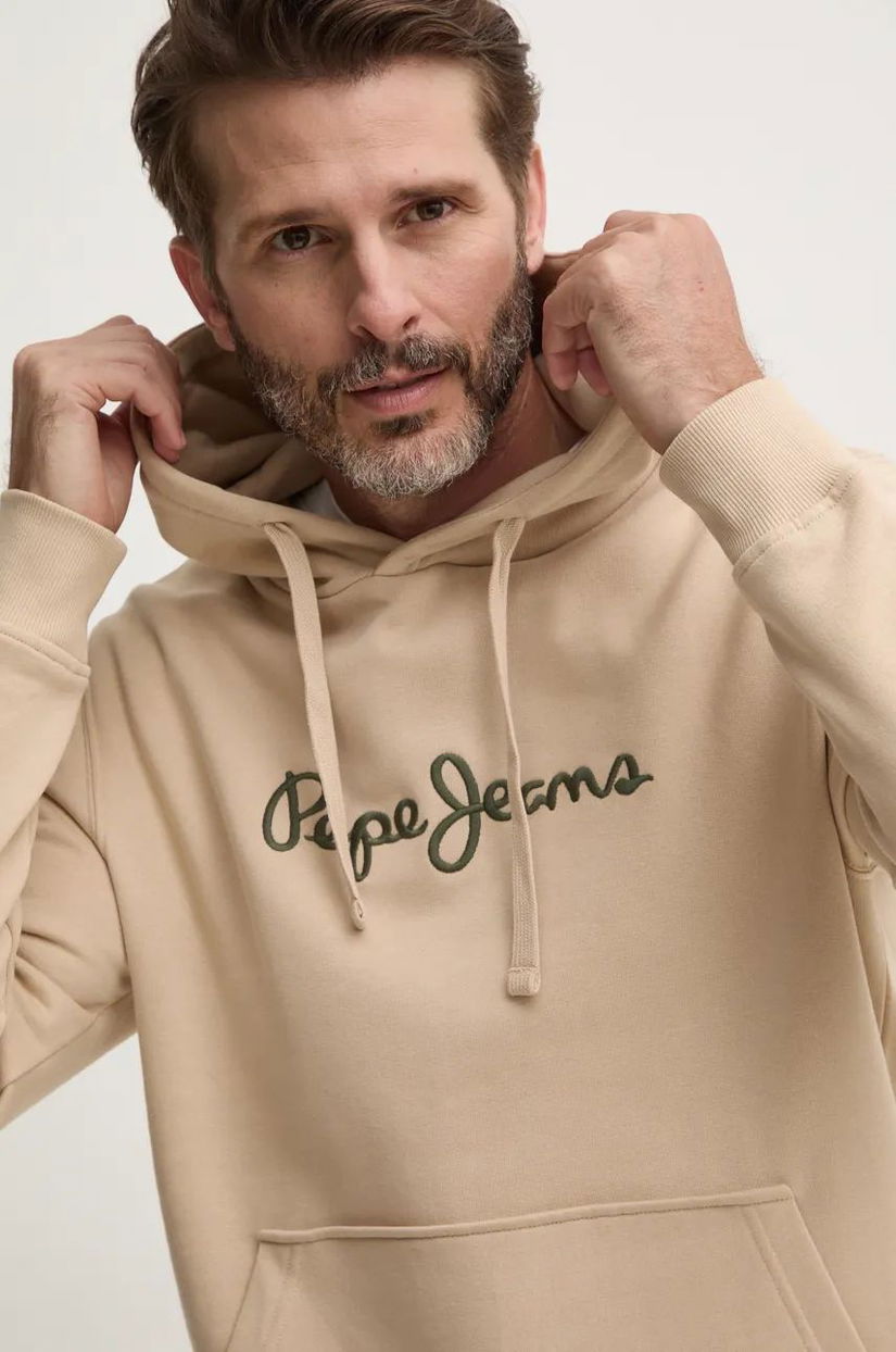 Pepe Jeans hanorac de bumbac NEW JOE HOODIE barbati, culoarea bej, cu glugă, cu imprimeu, PM582716