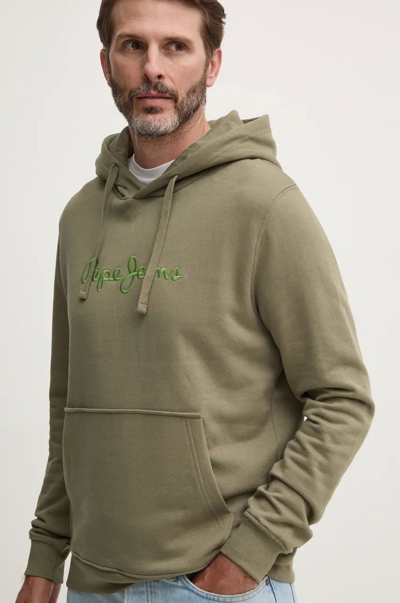 Pepe Jeans hanorac de bumbac NEW JOE HOODIE barbati, culoarea verde, cu glugă, cu imprimeu, PM582716