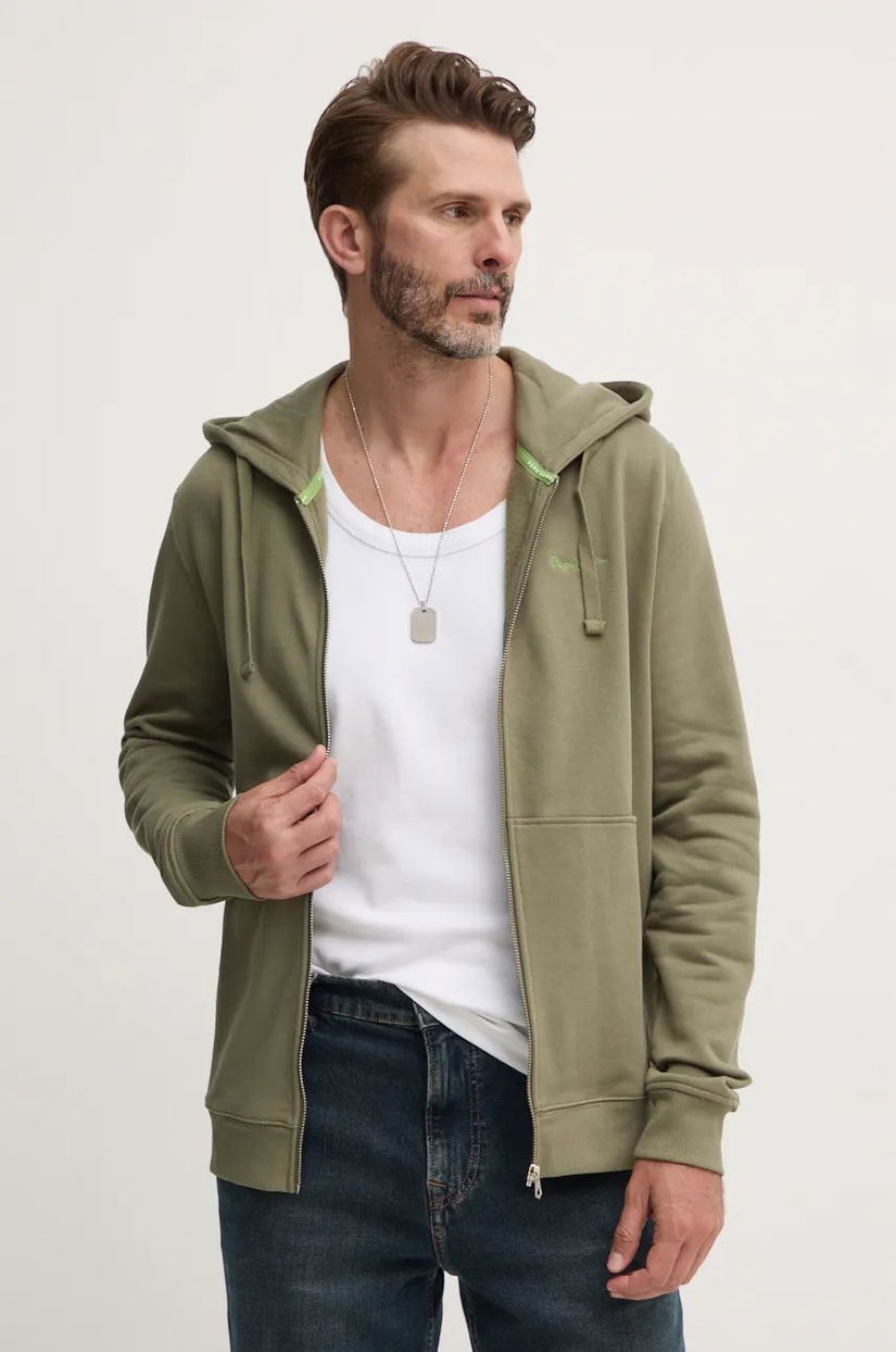 Pepe Jeans hanorac de bumbac NEW JOE ZIP barbati, culoarea verde, cu glugă, cu imprimeu, PM582717