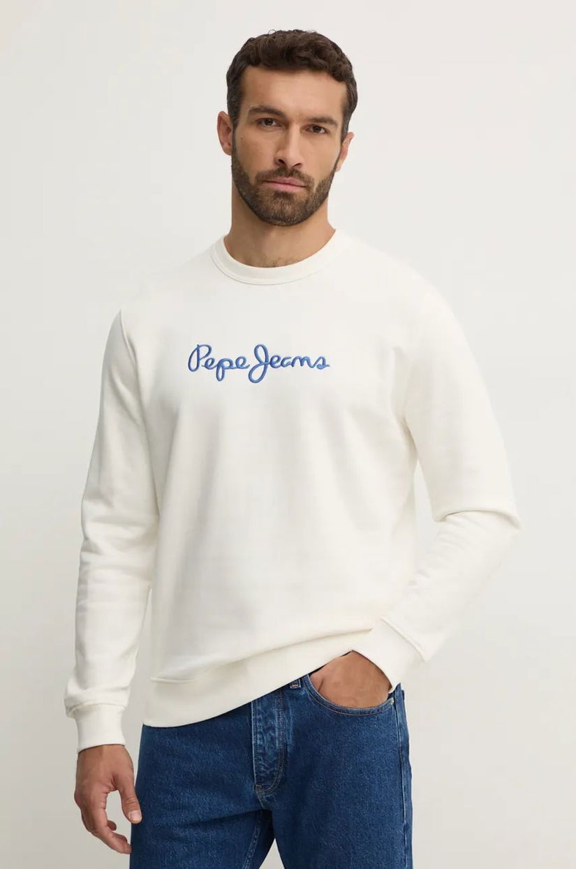 Pepe Jeans hanorac de bumbac NEW JOE CREW barbati, culoarea alb, cu imprimeu, PM582715