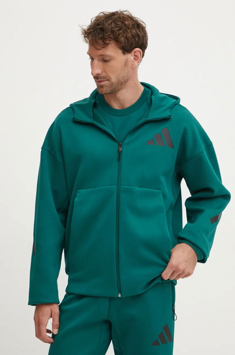 adidas bluza ZNE barbati, culoarea verde, cu glugă, cu imprimeu, JF6539