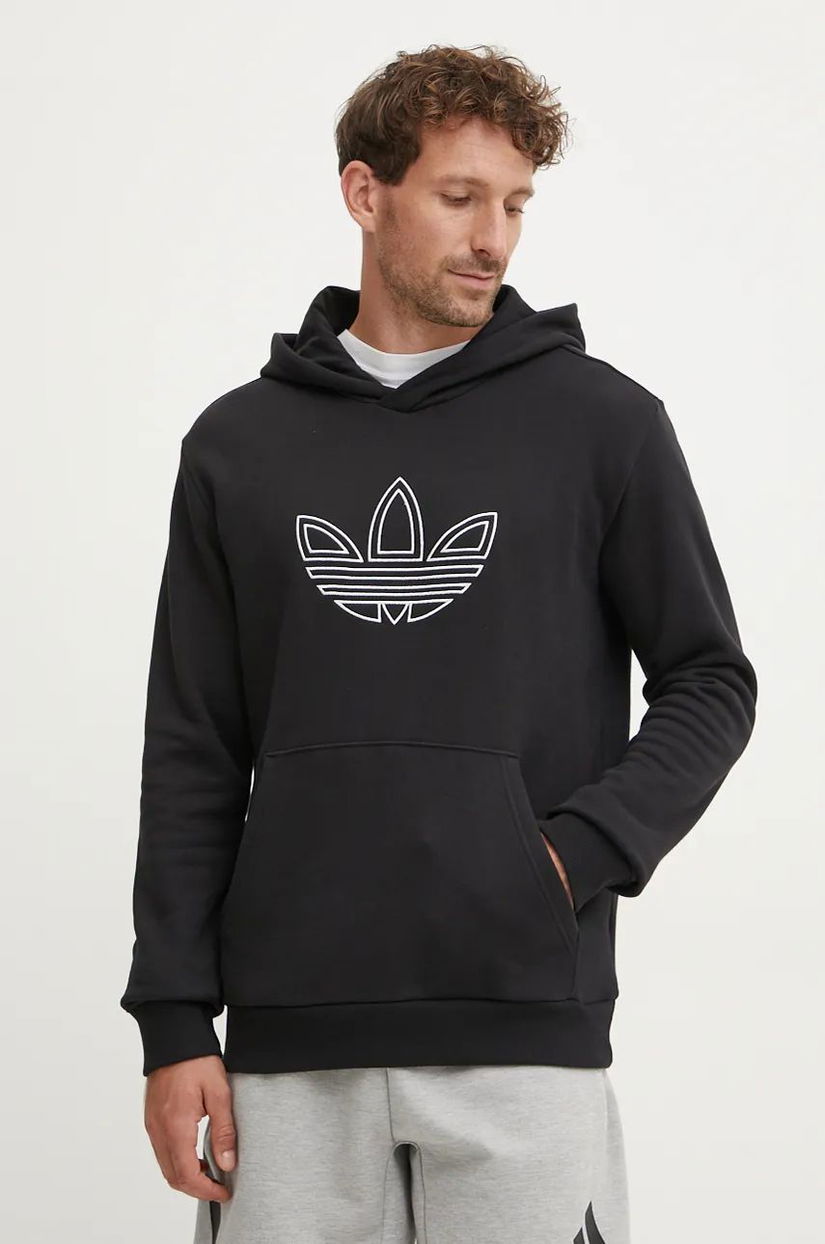 adidas Originals hanorac de bumbac Outline Hoodie barbati, culoarea negru, cu glugă, cu imprimeu, JJ1506