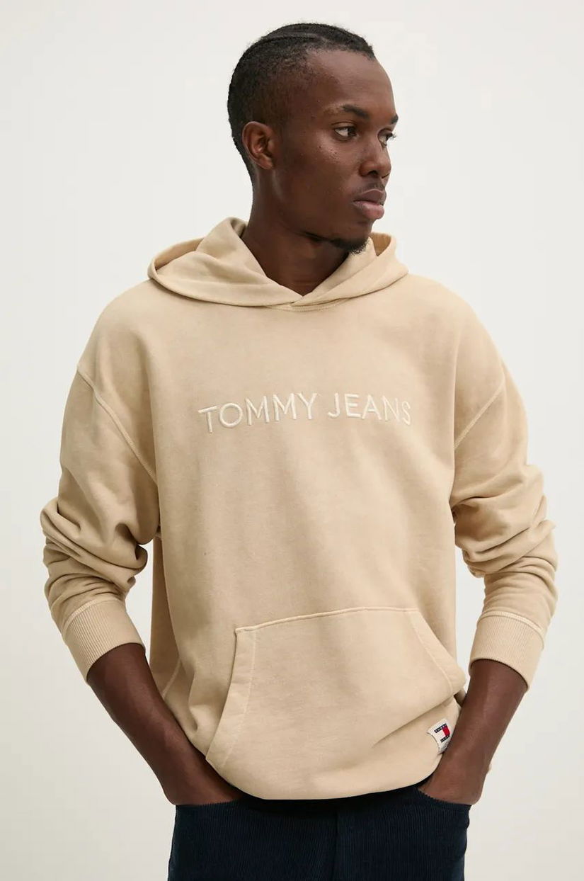 Tommy Jeans hanorac de bumbac barbati, culoarea bej, cu glugă, cu imprimeu, DM0DM19741