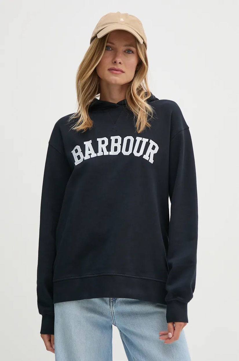 Barbour hanorac de bumbac femei, culoarea albastru marin, cu glugă, cu imprimeu, LOL0592