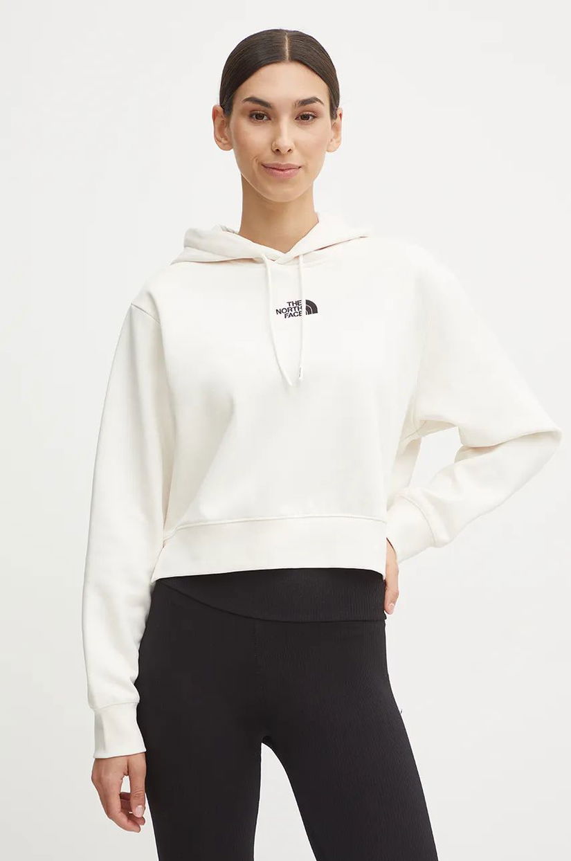 The North Face bluza Essential Crop Hoodie femei, culoarea bej, cu glugă, neted, NF0A89EXQLI1