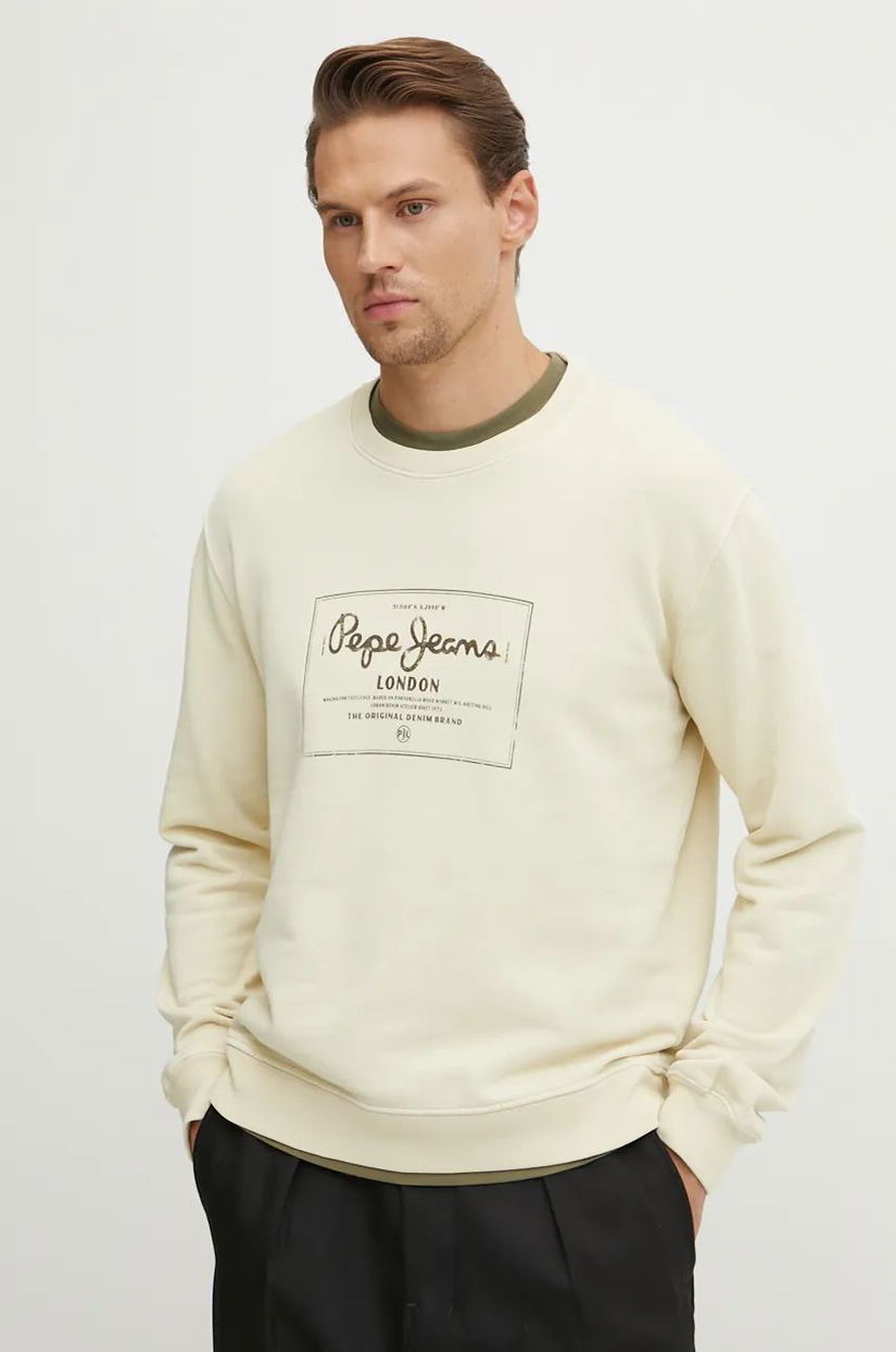 Pepe Jeans hanorac de bumbac SIMON barbati, culoarea bej, cu imprimeu, PM582721