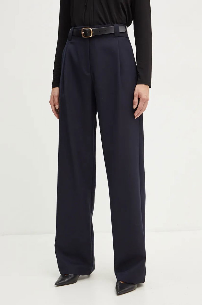 Marella pantaloni din lana culoarea albastru marin, lat, high waist, 2423136022200