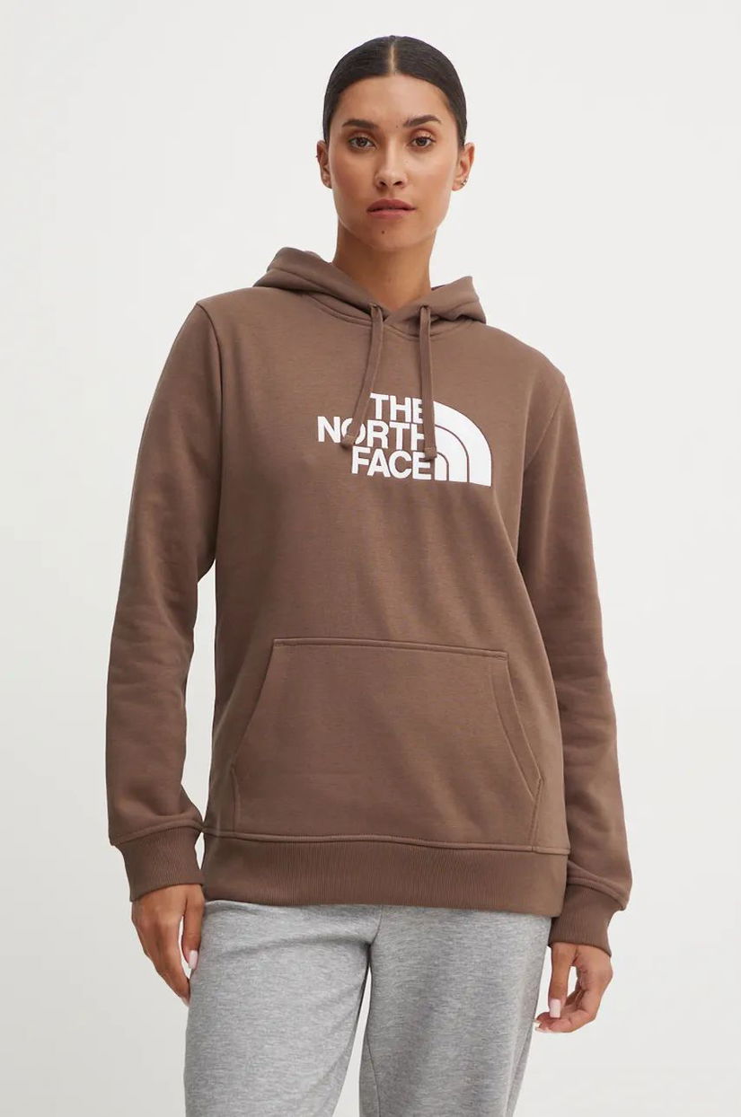 The North Face bluza Drew Peak Pullover Hoodie femei, culoarea maro, cu glugă, cu imprimeu, NF0A89EH1OI1