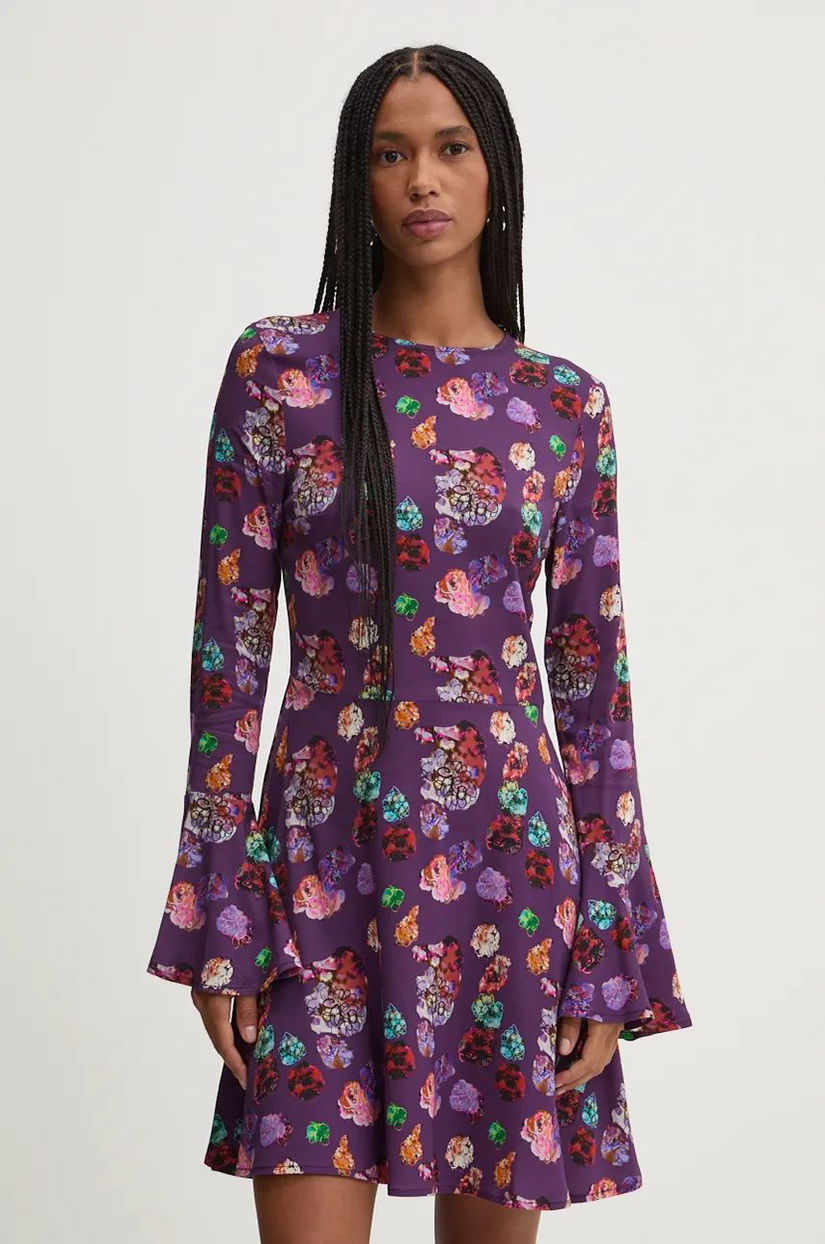 Desigual rochie FLOWER SCRIBB culoarea violet, mini, evazati, 24WWVW16