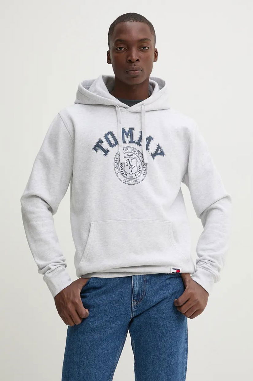 Tommy Jeans bluza barbati, culoarea gri, cu glugă, cu imprimeu, DM0DM19235