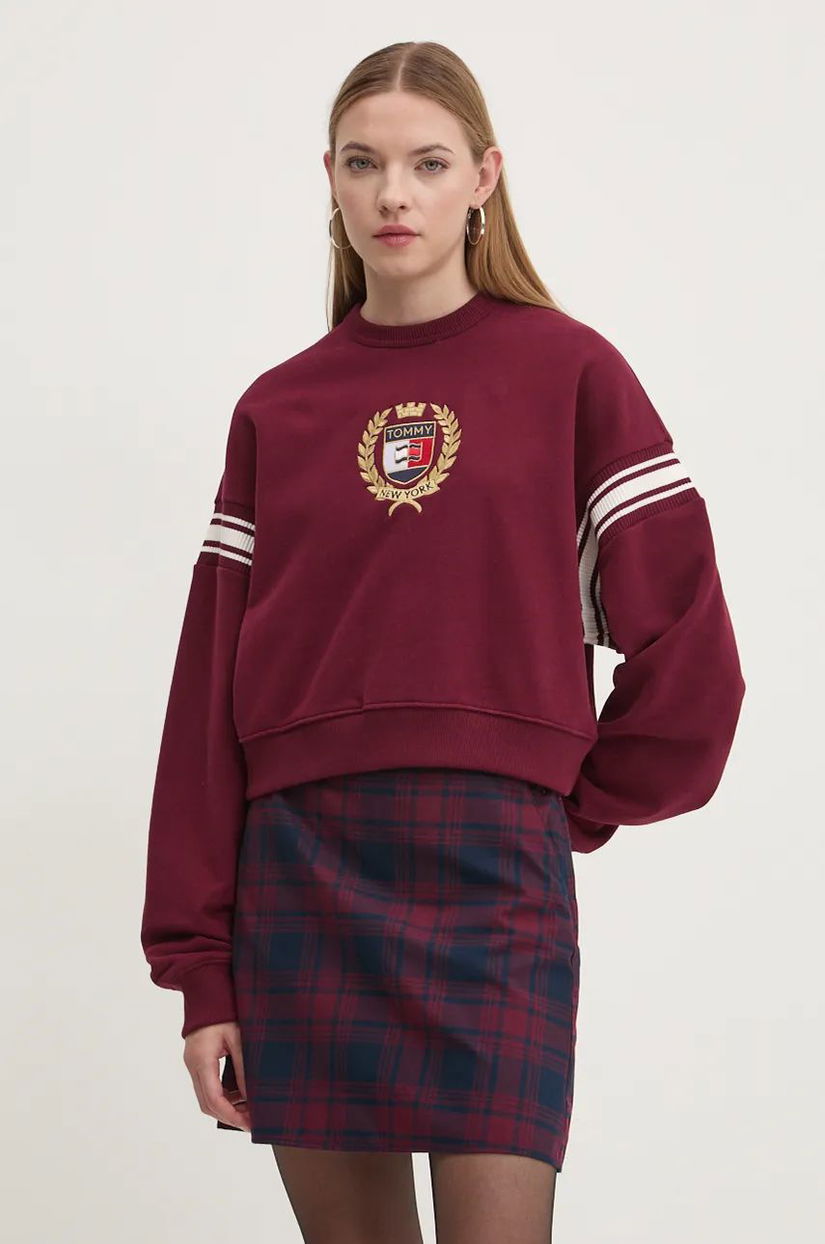 Tommy Jeans hanorac de bumbac femei, culoarea bordo, cu imprimeu, DW0DW18772