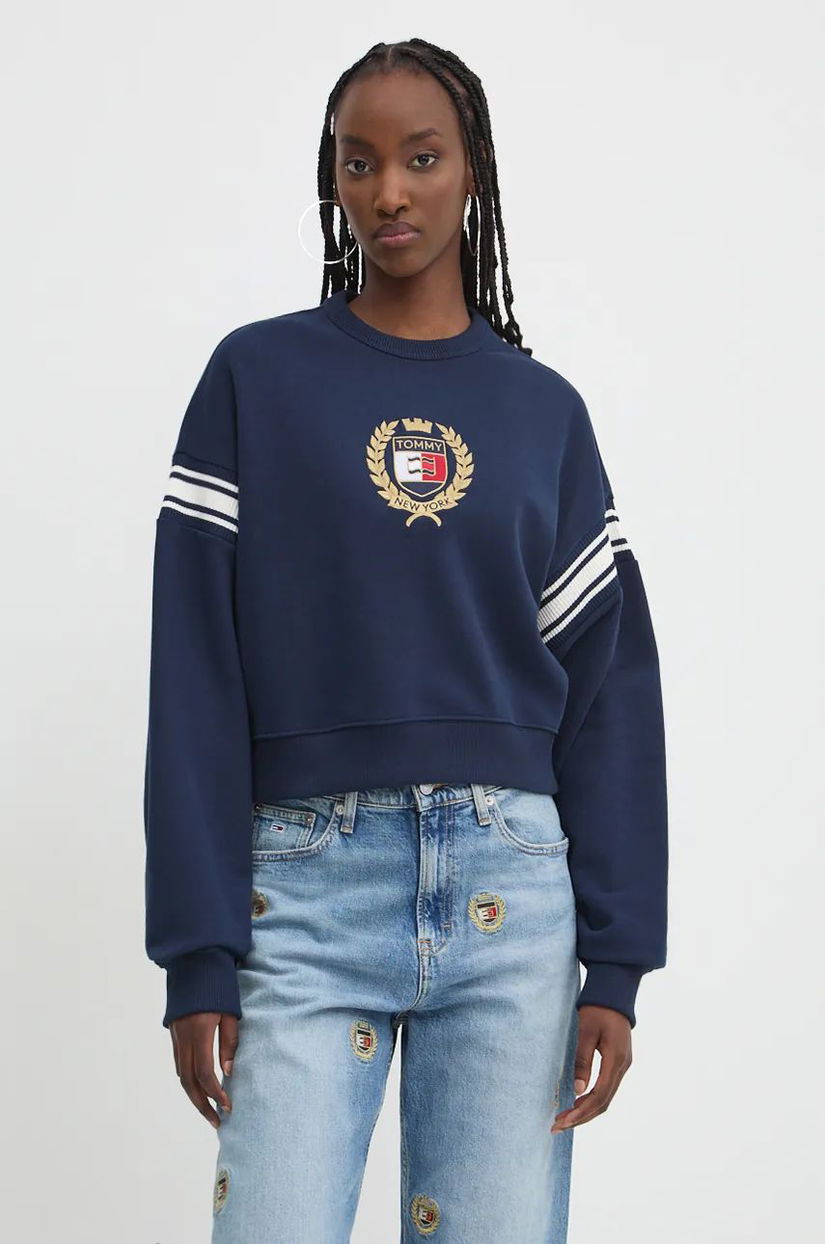 Tommy Jeans hanorac de bumbac femei, culoarea albastru marin, cu imprimeu, DW0DW18772