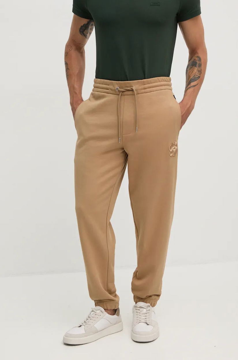 BOSS pantaloni de trening din bumbac culoarea bej, neted, 50518728