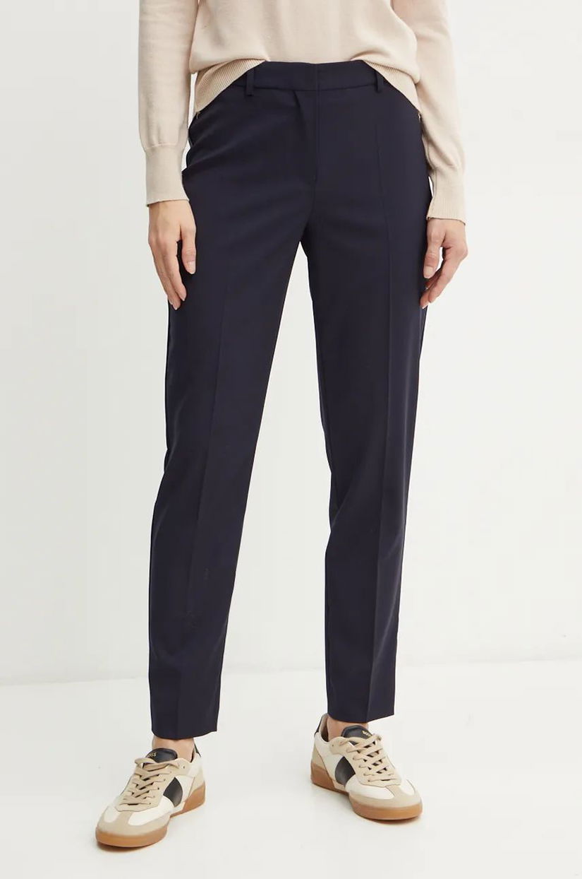 BOSS pantaloni de lana culoarea albastru marin, fason tigareta, high waist