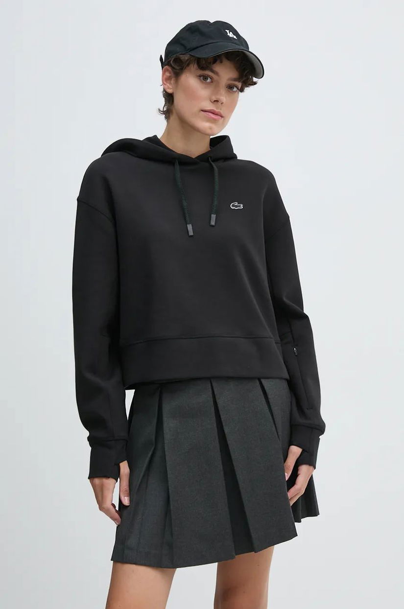 Lacoste bluza femei, culoarea negru, cu glugă, neted