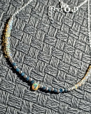 Colier argint diamant brut albastru opal de foc etiopian lant argint minimalist boho chic trendy - Transport gratuit