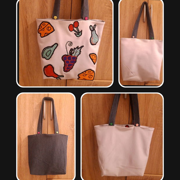 Tote bag geanta/sacosa reversibila din bumbac cu broderii mari