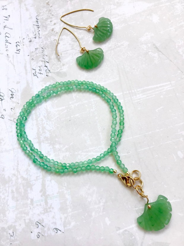Colier CHOKER onix verde & frunza ginko jad verde